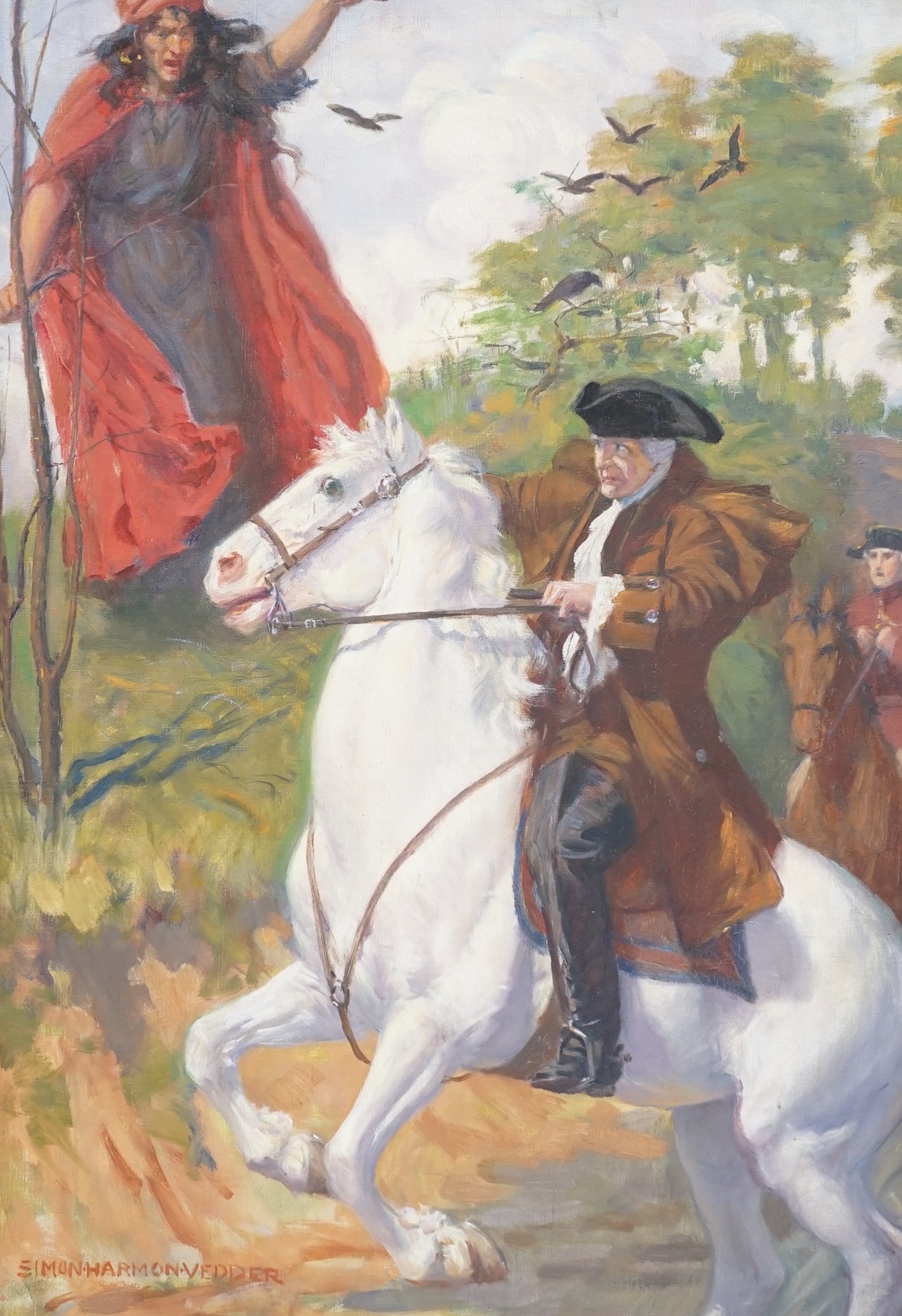 Simon Harmon Vedder (American, 1866-1937), oil on canvas, 'Ride your ways, Laird of Ellangowen', signed, 52 x 36cm. Condition - good